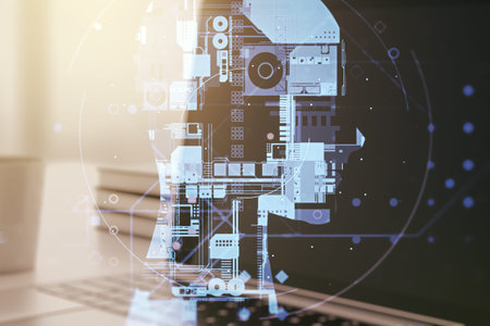 Double exposure of creative human head microcircuit with computer on background. Future technology...