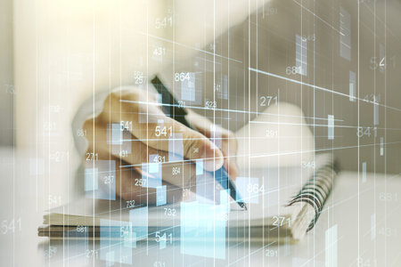 Abstract creative analytics data spreadsheet with man hand writing in diary on background, analytics...