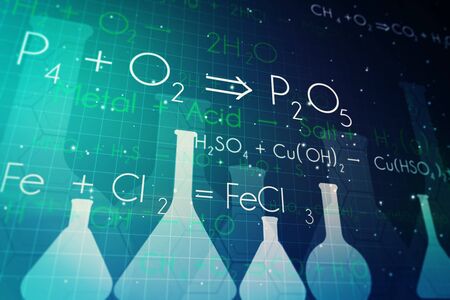 Creative chemistry illustration on dark background. 3D Renderingの写真素材
