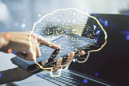 Creative artificial Intelligence concept with human brain sketch and finger presses on a digital...
