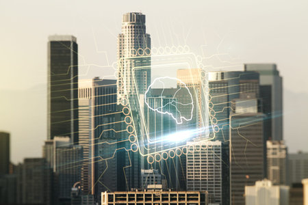 Double exposure of creative human brain microcircuit hologram on Los Angeles office buildings...