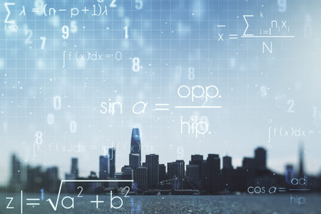 Double exposure of scientific formula hologram on San Francisco city skyscrapers background,...