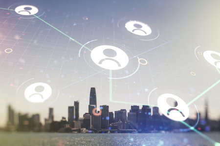 Double exposure of social network icons hologram on San Francisco office buildings background....