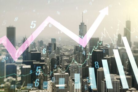 Multi exposure of virtual abstract financial graph and upward arrow on Chicago city skyline background, forex and investment conceptの写真素材