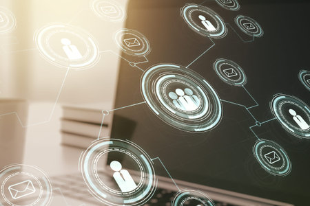 Double exposure of social network icons concept with modern laptop on background. Marketing and...