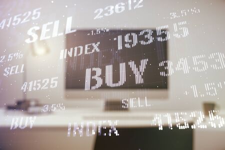 Multi exposure of abstract creative financial chart on computer background, research and analytics conceptの写真素材