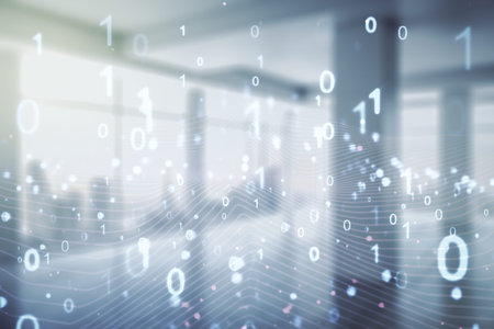 Abstract virtual binary code illustration on empty corporate office background. Big data and coding...