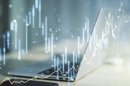 Multi exposure of abstract creative financial chart on computer background, research and analytics...