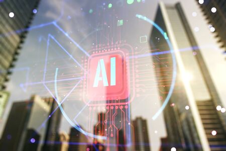 Double exposure of creative artificial Intelligence abbreviation hologram on blurry cityscape background. Future technology and AI conceptの写真素材