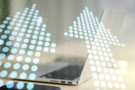 Creative abstract upward arrows sketch on modern laptop background, target and goal concept. Multiexposureの写真素材