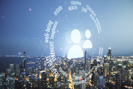 Abstract virtual people icons on Chicago skyline background. Life and health insurance concept....