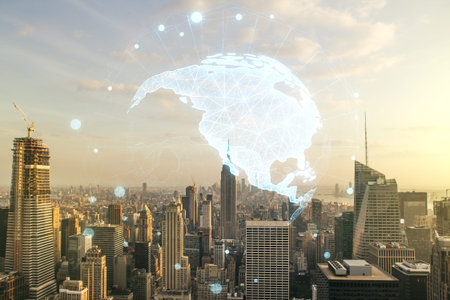 Virtual digital map of North America on New York city skyline background, international trading...
