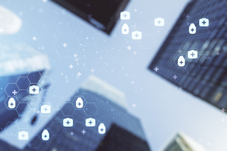 Abstract virtual medical hologram on modern architecture background, online medical consulting concept. Multiexposureの写真素材