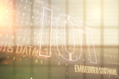 Abstract virtual IOT hologram on empty corporate office background. Multiexposure
