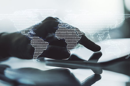 Double exposure of abstract digital world map and finger clicks on a digital tablet on background,...