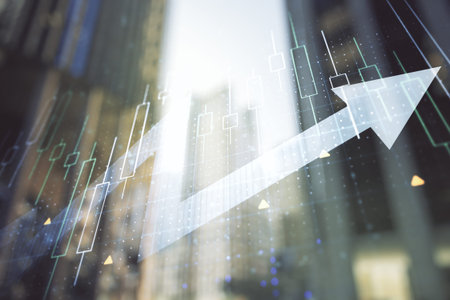 Abstract creative financial diagram and upward arrow hologram on blurry cityscape background, growth...