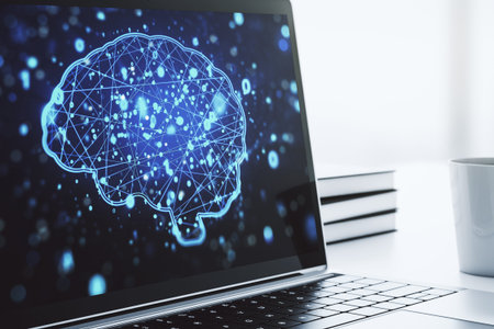 Creative artificial Intelligence concept with human brain hologram on modern laptop screen. 3D...