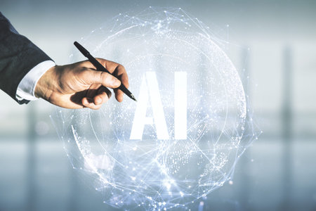 Man hand with pen working with creative artificial Intelligence symbol hologram on blurred office...