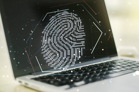 Multi exposure of abstract graphic fingerprint sketch on modern computer background, fingerprint...