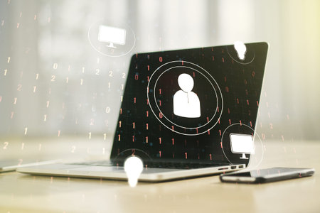 Social network concept with modern laptop on background. Multiexposure