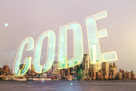 Code word hologram on Manhattan cityscape background, artificial intelligence and neural networks...