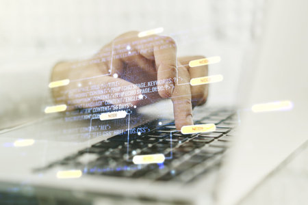 Abstract creative coding concept with hands typing on laptop on background. Multiexposure