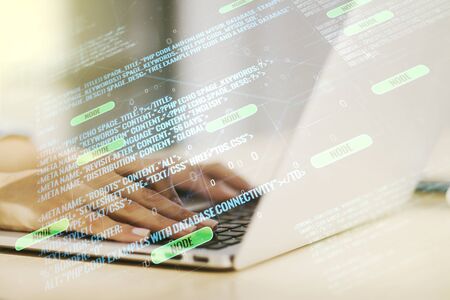 Multi exposure of abstract creative coding sketch and hands typing on computer keyboard on background, artificial intelligence and neural networks conceptの写真素材