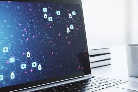 Creative abstract medical hologram on modern computer monitor, online medical consulting concept. 3D Renderingの写真素材