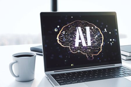 Modern computer monitor with creative artificial Intelligence symbol. Neural networks and machine learning concept. 3D Renderingの写真素材