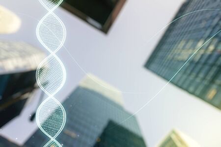 Virtual DNA symbol illustration on office buildings background. Genome research concept. Multiexposureの写真素材