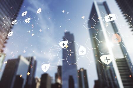 Abstract virtual medical sketch on blurry cityscape background. Medicine and healthcare concept. Multiexposureの写真素材