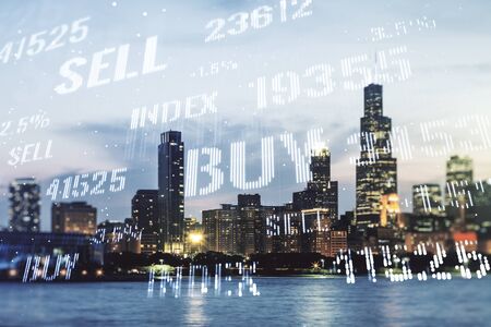 Multi exposure of virtual abstract financial graph interface on Chicago cityscape background, financial and trading conceptの写真素材