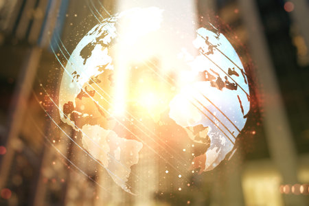 Multi exposure of abstract graphic world map hologram on blurry cityscape background, connection and...
