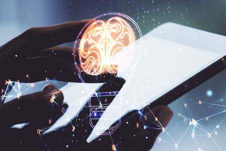 Creative idea concept with light bulb and human brain illustration and with finger clicks on a...