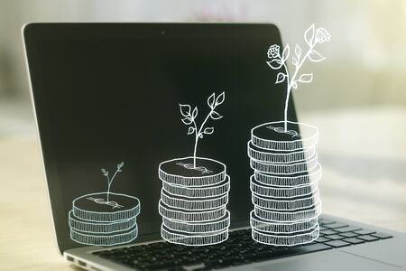 Creative abstract cash savings sketch on modern computer background, success and solution concept. Multi exposureの写真素材