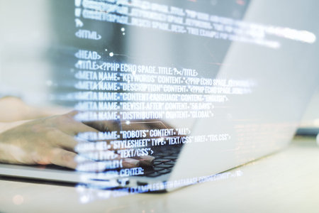 Multi exposure of abstract graphic coding sketch with hands typing on computer keyboard on...