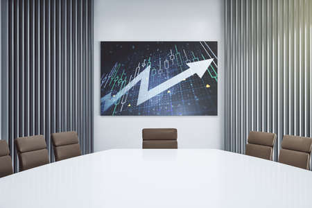 Abstract creative financial diagram and upward arrow on presentation monitor in a modern boardroom, growth and development concept. 3D Renderingの写真素材