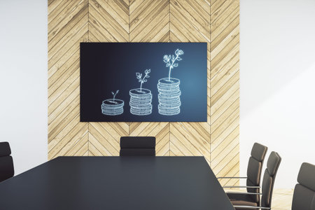 Cash savings hologram on presentation tv screen in a modern meeting room. Development and achievement of goals concept. 3D Renderingの写真素材