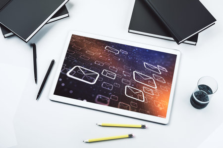Creative concept of postal envelopes illustration on modern digital tablet screen. Email and...