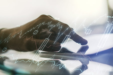 Multi exposure of abstract creative financial graph with finger presses on a digital tablet on...