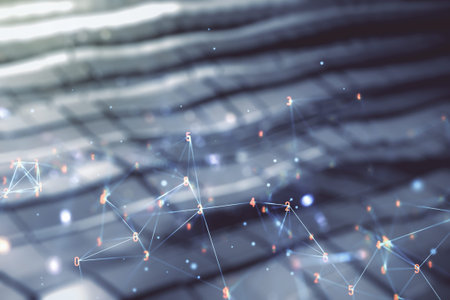 Abstract virtual wireless technology hologram on blurry abstract metal background. Big data and...