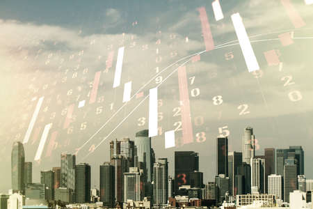 Multi exposure of abstract virtual financial graph hologram on Los Angeles skyline background, forex and investment conceptの写真素材