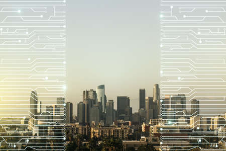 Double exposure of abstract virtual circuit hologram on Los Angeles city skyscrapers background. Research and development hardware conceptの写真素材