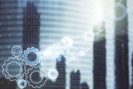 Abstract virtual robotics technology hologram on office buildings background. Robot development and automation concept. Multiexposureの写真素材