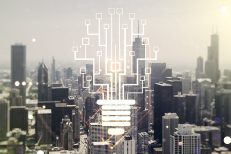 Virtual creative light bulb illustration with microcircuit on Chicago cityscape background, future...