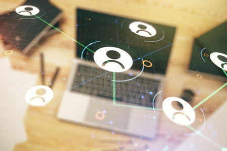 Double exposure of social network icons concept with computer on background. Networking concept