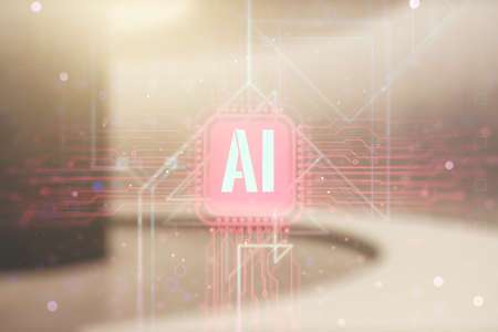 Creative artificial Intelligence symbol hologram on modern interior background. Double exposureの写真素材