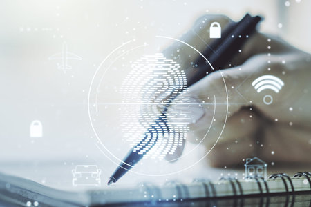Double exposure of abstract creative fingerprint hologram with woman hand writing in notepad on...