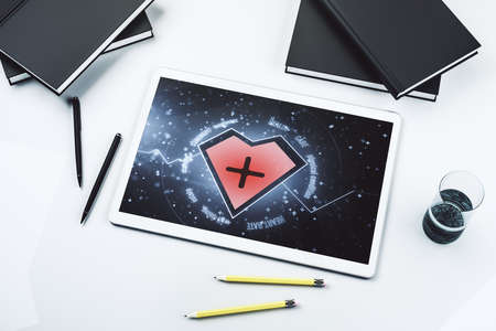 Creative abstract heart pulse hologram on modern digital tablet display, online medical consulting concept. Top view. 3D Renderingの写真素材