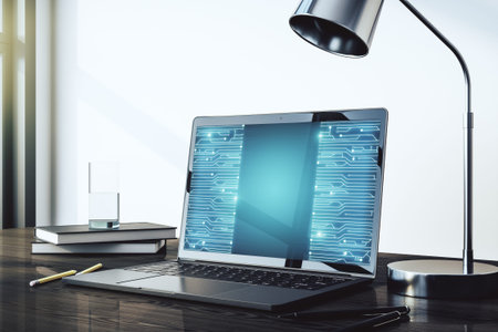 Creative concept of microscheme illustration on modern laptop screen. Big data and database concept....